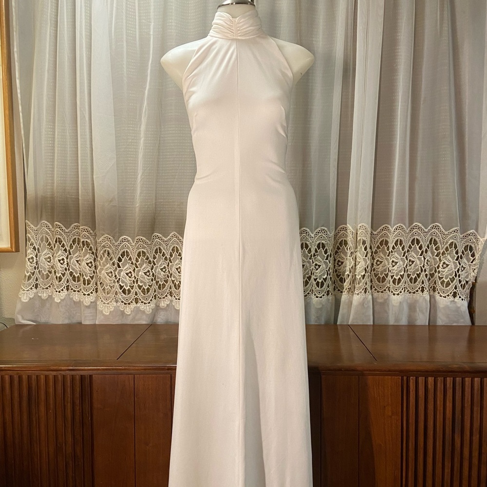 Vintage Boogie Nights White Polyester Halter Maxi Dress Gown Size Small